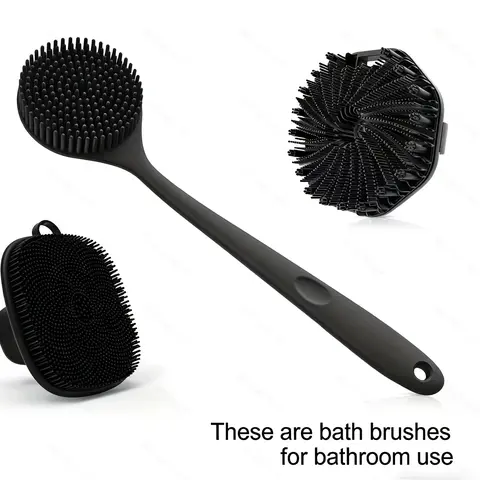 3-Piece Silicone Bathroom Home Supply Set - Long Handle Shower Scrubber Tool, Facial Cleansing Brush, Body Exfoliating Brush, Whole Body Skin Health Bathroom Accessory Sets for Accessories Adults Gifts
