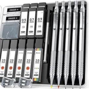 Metal Mechanical Pencil Set, 3 count Art Drafting Pencils 0.5, 0.7, 0.9MM & 2 count 2MM Mechanical Drawing Pencils with 420 count Leads (4B 2B HB 2H Color) for Writing Sketching Drawing ()