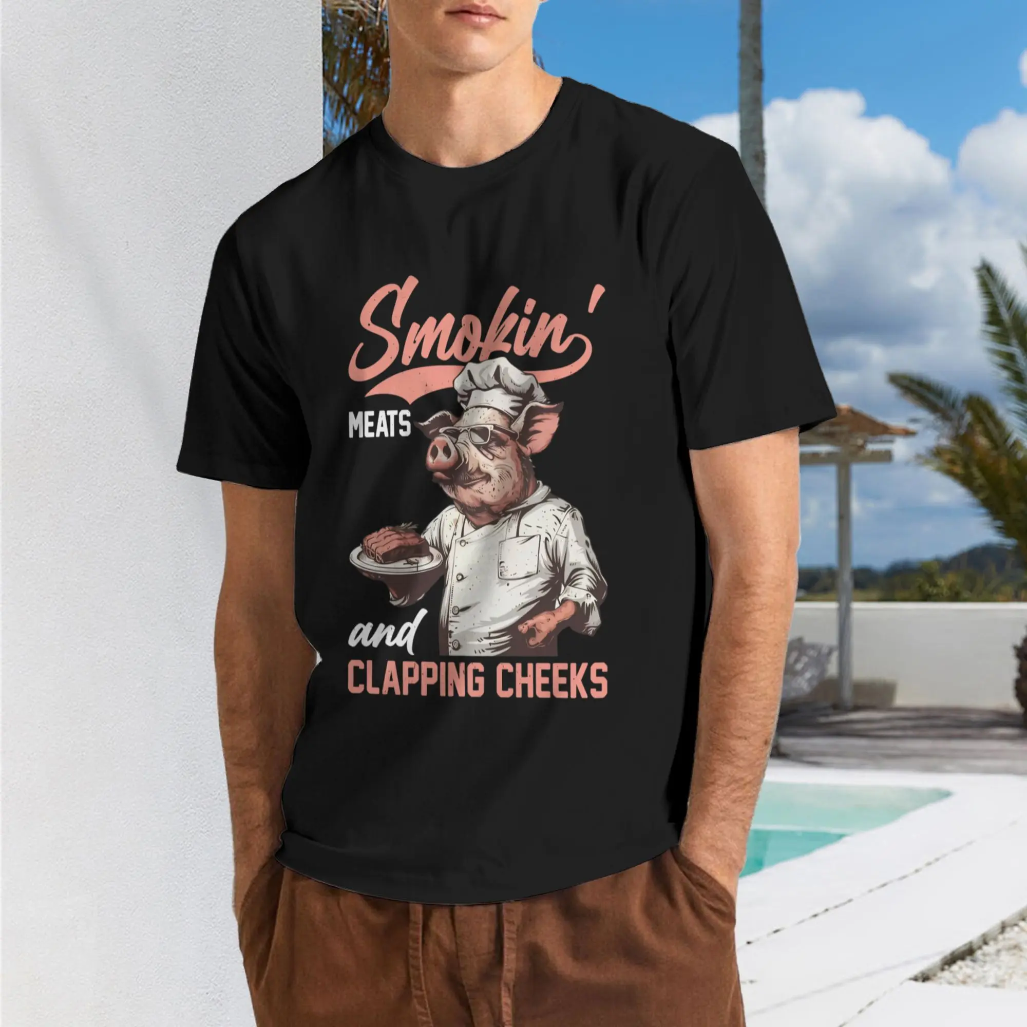 Smokin' Meats and Clapping Cheeks Barbeque Grill Performance TShirtRetro Casual Short-sleeved T-shirt with a Round Neck and Printed Pattern Suitable for Daily Commuting and Outdoor Activities Machine Washable