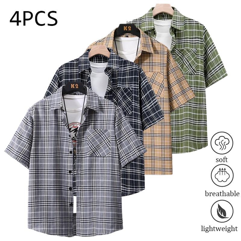 Pack of 4 men’s striped Western button-up shirts; plaid shirt with a notched collar,  cotton dress shirt fabric; regular fit;men’s tops ideal for summer beach trips, outings, and everyday outdoor activities. Polo Shirt Men's Quick-Dry Set Lightweight