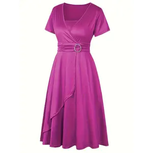 Elegant Maroon Midi Dress with Rhinestone Detail - Short Sleeve, V-Neck, Asymmetrical Hem, Solid Color, Polyester Blend, Machine Washable, Chic Crossed Waist Midi Dress Fabric Fit Formal Spandex Collar Womenswear