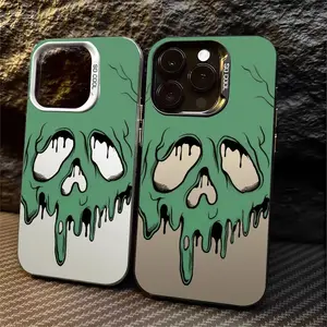 Green Dripping Melting Skull Phone Case，Grunge Spooky Cartoon Style for iPhone 17 16 15 14 13 12 11 Plus Pro Max，Edgy Halloween Daily Gift.