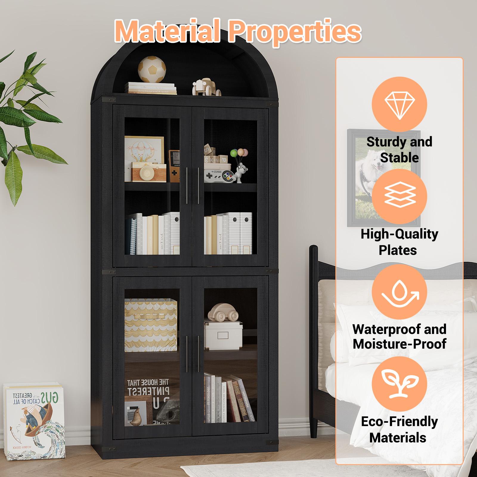 Tall Arched Bookcase Cabinet with Glass Doors, 4-Tier Slim Storage Bookshelf, Freestanding Modern Display Cabinet for Entryway, Living Room & Home Office