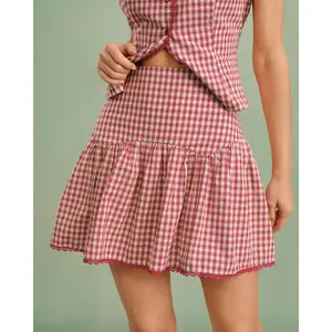Rihoas Women's Chic Elegant Waisted Red Plaid Ruched Mini Skirt - Lace-Accented Polyester-Cotton Fabric Aesthetic Clothes for Women's Bottoms, Mini Skirts