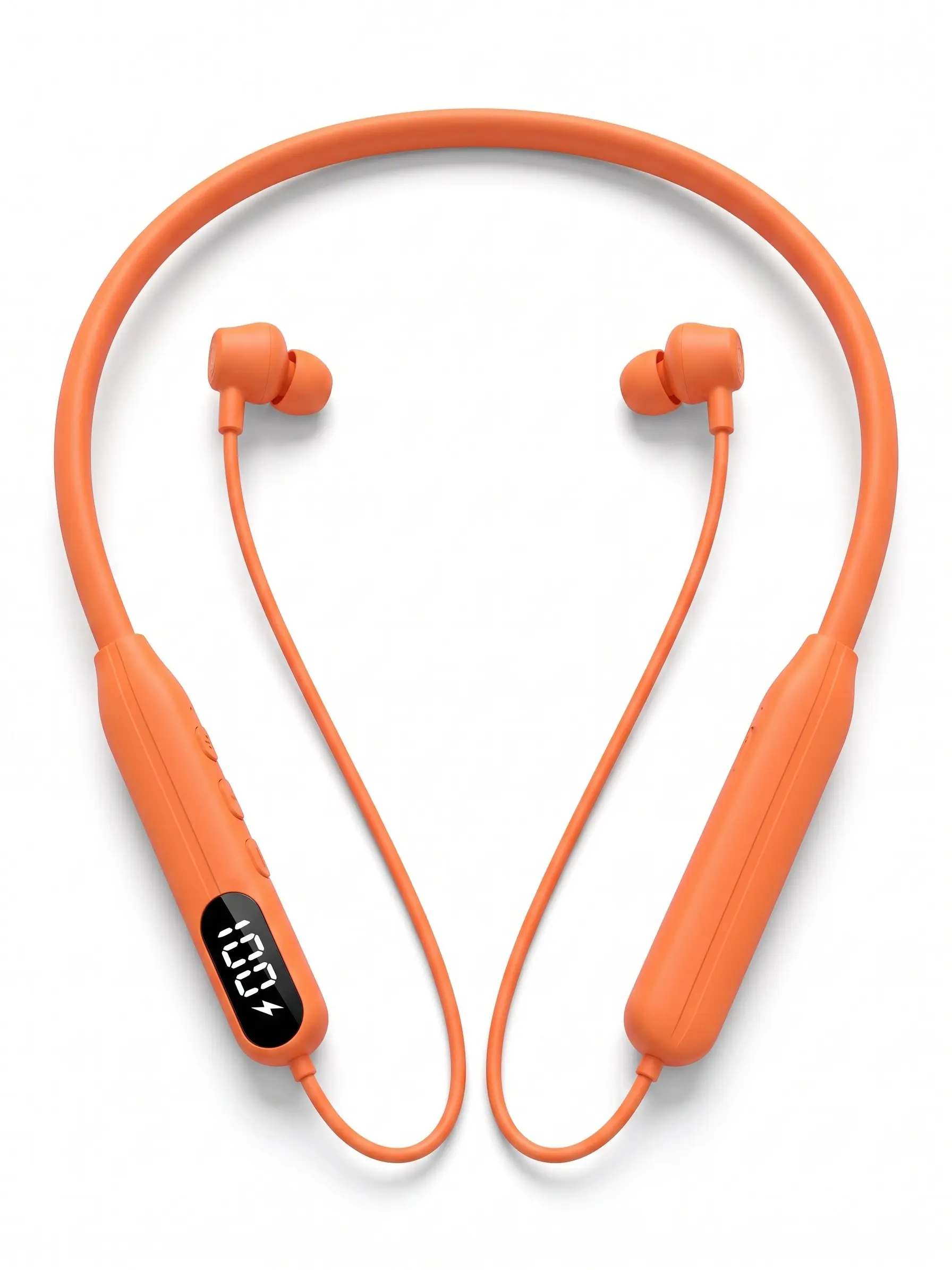 Orange Neckband Wireless Earbuds, 48H Playtime LED Battery Display, IPX4 Sweatproof Magnetic Silicone Neckband, Built-in Mic Bluetooth Headphones for Warehouse Work, Gym & Running