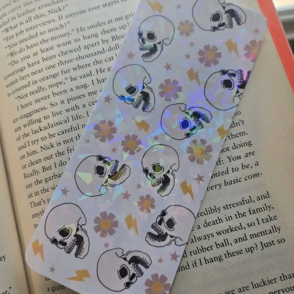Skulls and Flowers Bookmark - Holographic Design with Skulls and Floral Patterns for Book Lovers