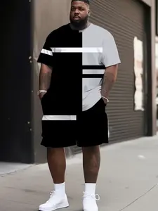 Men's Plus Size Digital Print T-Shirt and Track Shorts Set, Sporty, Casual, Modern Loose-Fitting, Short Sleeve, All Seasons, Knee-Length