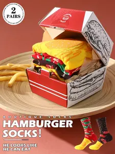 2 Pairs Colorful Cute Mid-Calf Gift Socks, Unisex Sports Casual Socks Box Set, Soft Comfortable Burger Socks, Creative Food Design