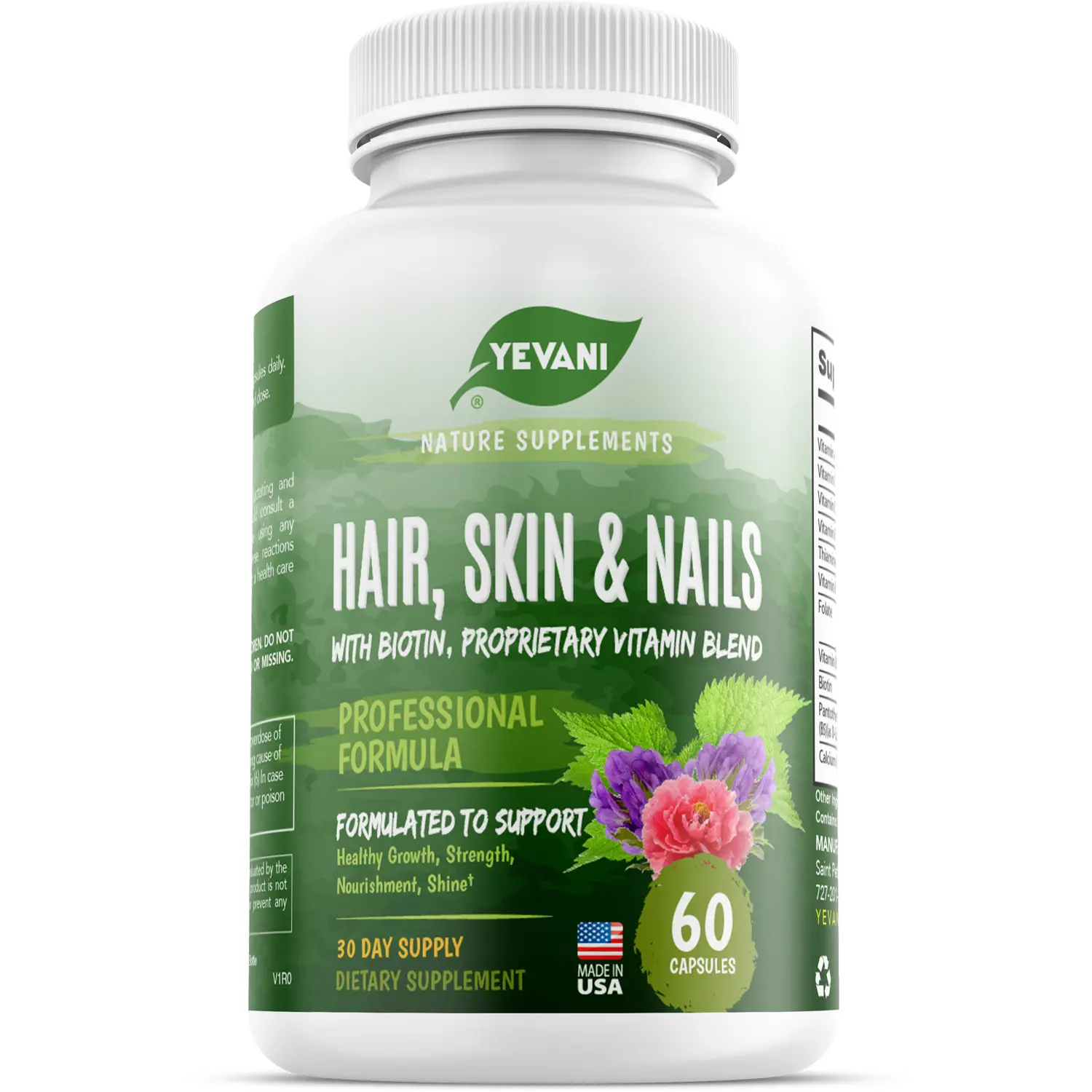 YEVANI Hair, Skin & Nails Vitamins with Biotin 5000mcg - Advanced Beauty Formula for Hair Growth Support, Strong Nails & Radiant Skin - 60 Capsules
