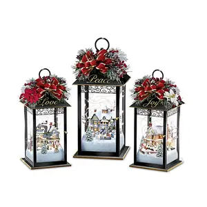 Thomas Kinkade Illuminated Holiday Centerpiece Collection - Festive Lanterns with Peace Love Joy Themes and Glittery Christmas Village Scenes