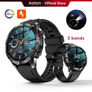 Aolon GT6 Pro Spring rugged outdoor smartwatch with 1.51" AMOLED display, LED flashlight & precision compass. Bluetooth calling, heart rate & fitness tracking, 5-button control, 500mAh battery up to 60 days, 1ATM & IP68 water-resistant.