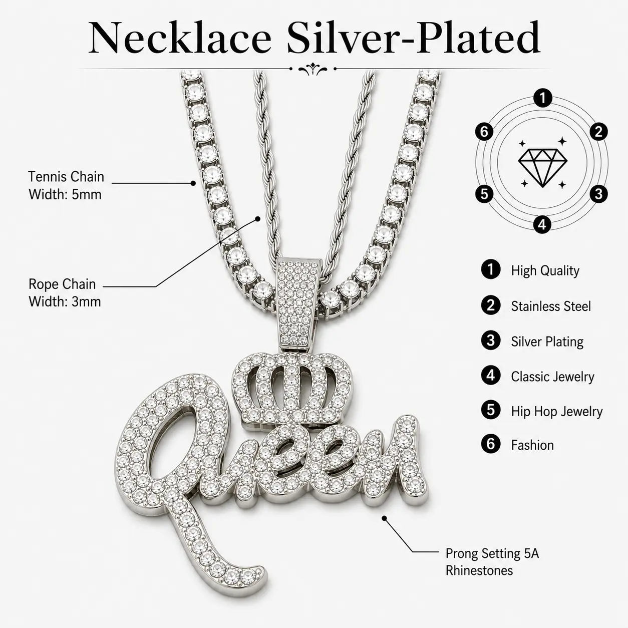 Queen Rhinestone Pendant Necklace, Iced Out Letter Necklace with Crown Charm, 20 Inch Rope Chain & Tennis Chain, Statement Womens Gifts, Necklaces For Women, Double Chain
