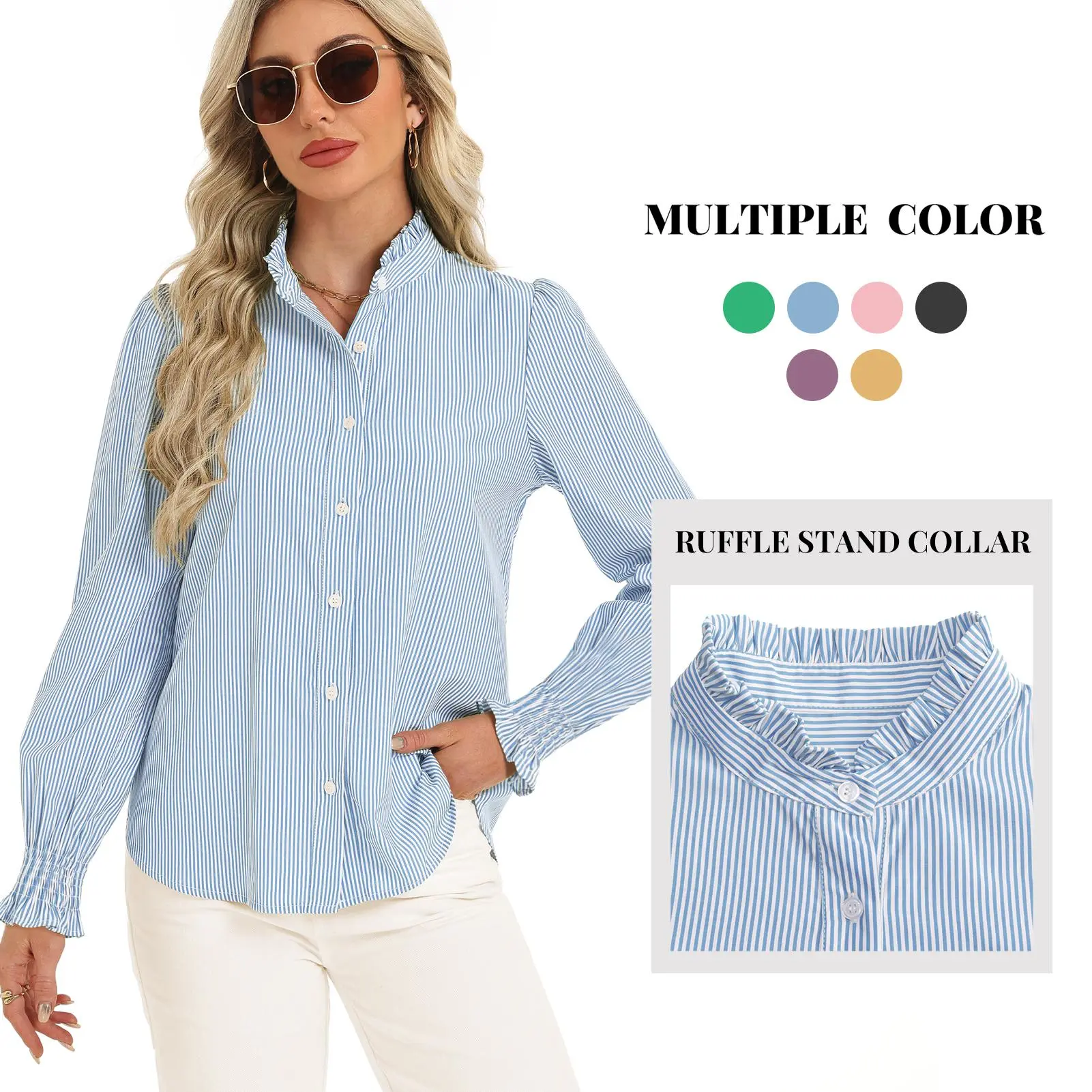 Women's Blouse, Elegant Striped Button Up Top with Ruffle Collar & Cuffs, Lightweight Long Sleeve for Business Casual Work, Lady, Elegance, Soft, Low Iron