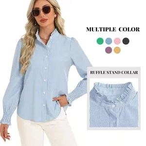 Funlingo Women's Striped Button Down Shirts Long Sleeve Smocked Cuffed Ruffle Collar Blouses Spring Work Business Casual Tops