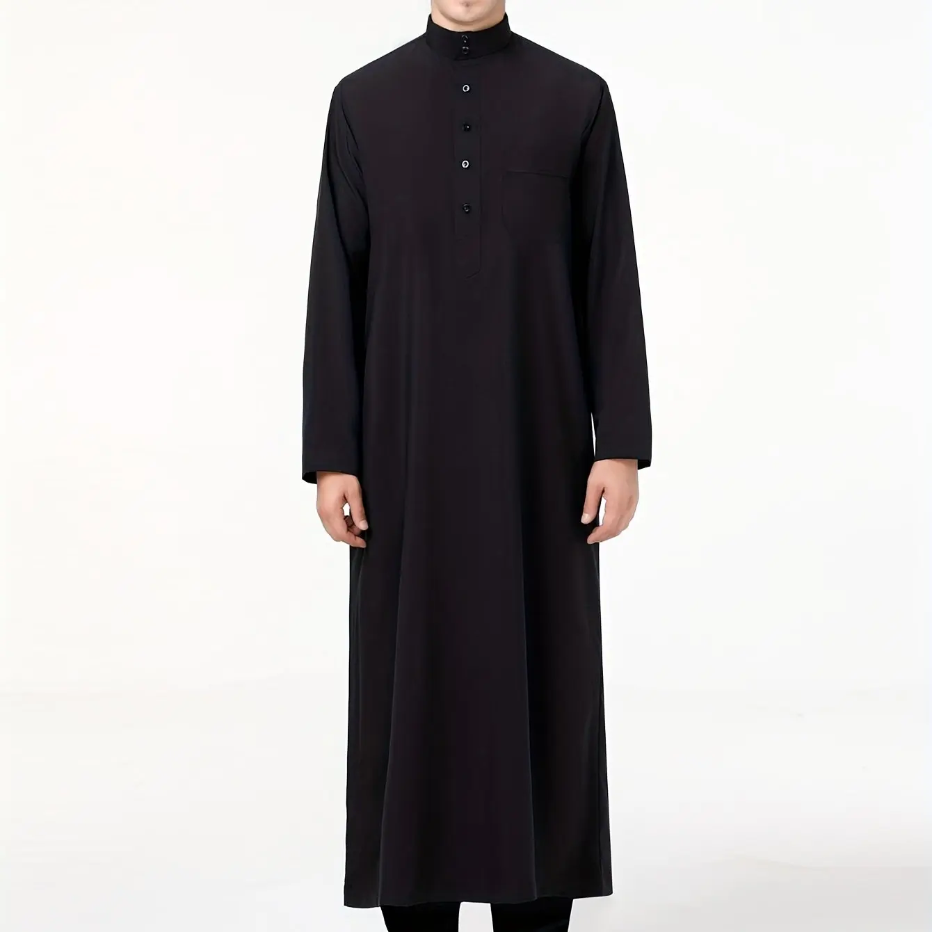 Men'S Casual Polyester Thobe - Long Sleeve Middle Eastern Saudi Arabian Robe, Islamic Abaya Dress, Dubai Ethnic Clothing, Solid Color, Mandarin Collar, Button Detail, Loose Fit, All Seasons