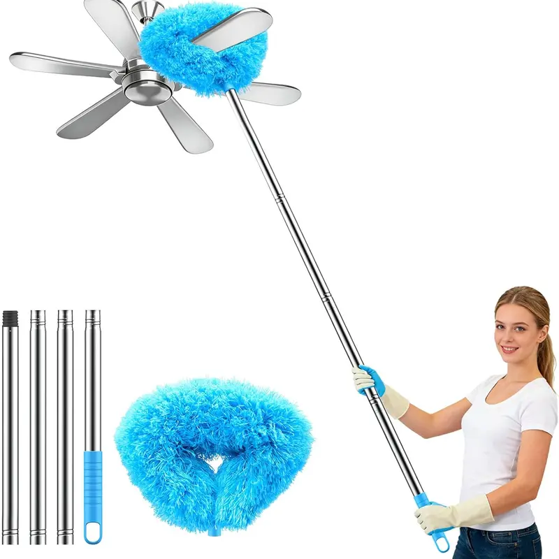 Microfiber Round Duster with 13-47 in Extendable Handle, Home Care Cleaning Supply, Fan Cleaning Tool with Effective Dust Pickup, Gentle on Fan Blades, Washable Single Unit (Reaches Up to 47 in)
