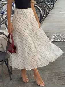 French Vintage High-Waisted Polka Dot Midi Skirt, Mesh Fabric, Flowy A-Line Design, Elegant Chic Mid-Length Dress, Perfect for Special Occasions