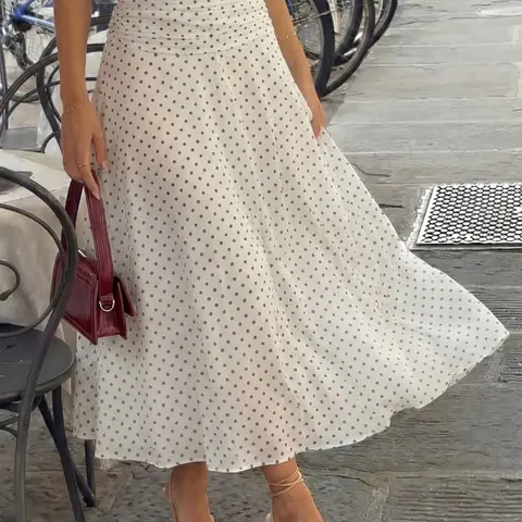 Spring Summer French Retro High Waist Polka Dot Midi Skirt, Mesh Fabric Flowing A-Line Dress, Elegant Slim-Fit Design, Chic Elegant Skirt