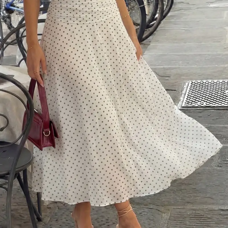Spring Summer French Retro High Waist Polka Dot Midi Skirt, Mesh Fabric Flowing A-Line Dress, Elegant Slim-Fit Design, Chic Elegant Skirt