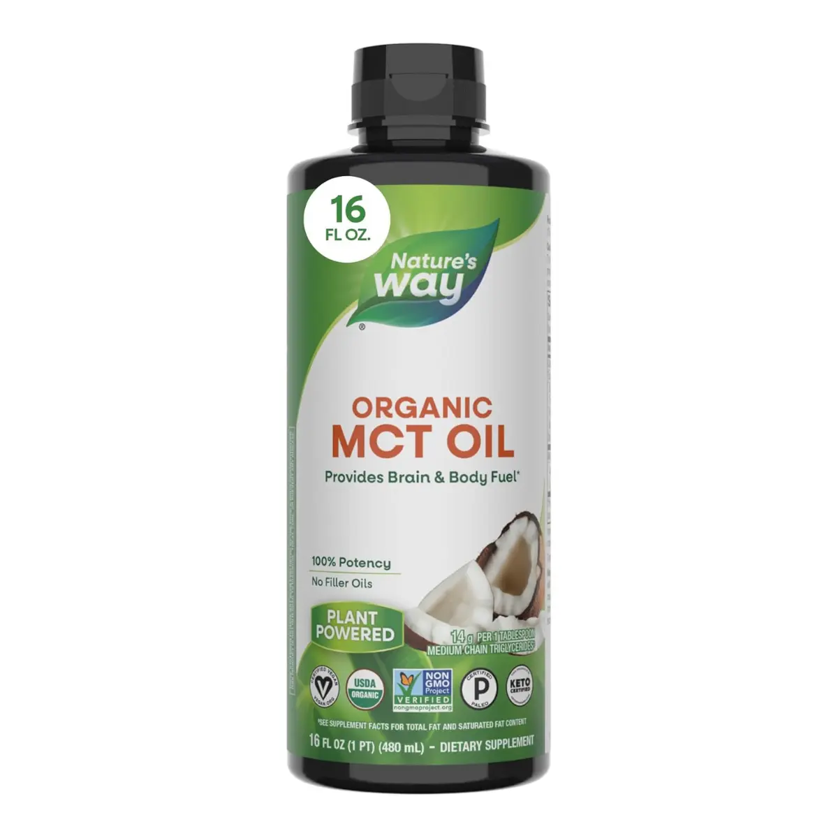 Nature's Way Organic MCT Oil, Brain and Body Fuel*, Liquid Coconut MCT Oil with C8 Caprylic & C10 Capric Acids, 14 g Medium Chain Triglycerides per Serving, Keto & Paleo Certified, Non-GMO, 16 Fl Oz