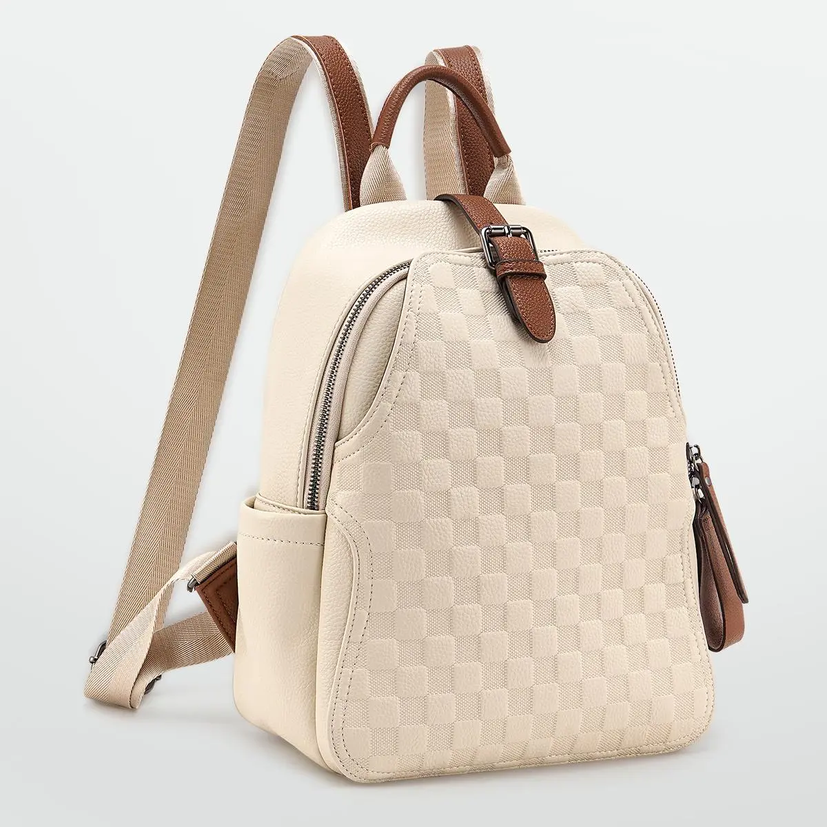 Women Leather Backpack Purse, Checkered Embossed Faux Leather Mini Backpack with Brown Contrast Trim, Convertible Shoulder Handbag Casual Daypack for Travel Shopping Daily Use