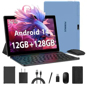 POWMUS 10-in Android 14 2 in 1 Tablet with Keyboard Mouse - Grey, 8000mAh IPS Touch Octa-Core, GMS Certified, 5G WiFi, Quad-Core Processor, Bundle with Case & Charger for Students, Online Learning