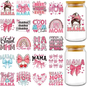 Mama UVDTF Cup Wrap - 20 Sheets Mom UV DTF Cup Wraps for 16 oz,  Bow Aesthetic Uvdtf Stickers for Glass Water Botters, Rainbow Flower Affirmative Rub on Transfer