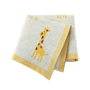 Mimixiong Custom Wholesale Knitted Cotton Cute Giraffe Animal Pattern Newborn Baby Blankets Infants Babies Swaddle Blanket