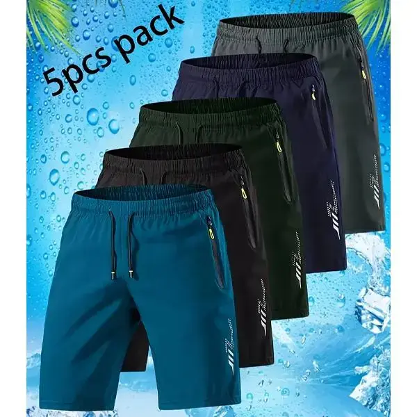 Men’s quick-dry swimwear and running shorts set (total 5 pieces), featuring zippered pockets — lightweight ice-feel fabric, loose breathable swim trunks; navy blue, dark blue, black, teal green, gray Men's Casual solid pocket cargo short flap, Men’s Short