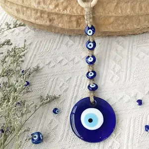 Bohemian Style Handwoven Turkish Blue Evil Eye Hanging Pendant, Glass Amulet with Wooden Ring, Home Decor & Protection, Unique Design