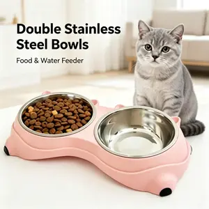 Double Cat Food Water Bowl Set, Raised Elevated Stainless Steel Tilted Bowls, Anti Vomiting Pet Feeder for Cats and Small Dogs, Secure Non-Slip Base Feeding Dish,Cat Bowls 2 Stainless Steel Bowl for Pet Dog