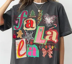 Fa La La Shirt, Retro Christmas Collage Tee, Coquette Checkered Holiday Graphic Top, Cute Festive Style for Men, for Women