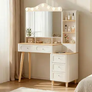 [Bellemave]Vanity Desk with Mirror and Lights,Makeup Vanity with 2 USB Power Strip,Vanity Set with Two Drawers and Three-drawer Chest, 3 Lighting Modes Adjustable Brightness, Foldable Three-sided Mirror(White)