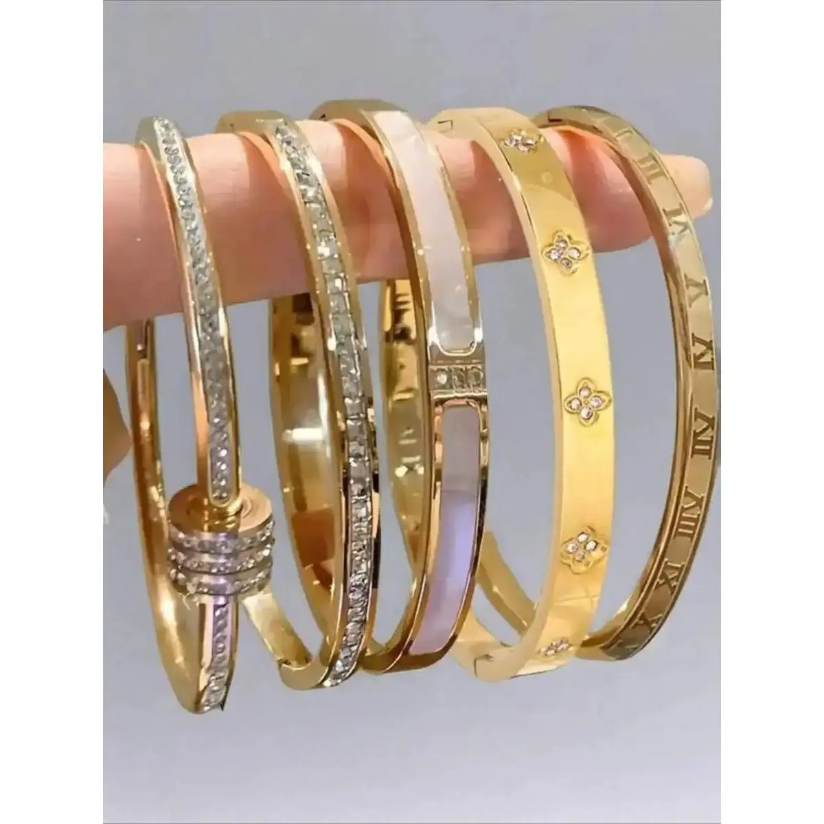 Women's 5-Piece Stainless Steel Bangle Set, Classic & Minimalist Tarnish Proof Jewelry for Women, Stackable for a Trendy Layered Look