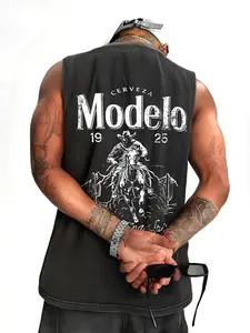 Men's Cotton Breathable Fitted Tops with Modelo Denim Print, Summer Essential Cool and Versatile Style, Quick Dry and Sweat Absorbent Fabric