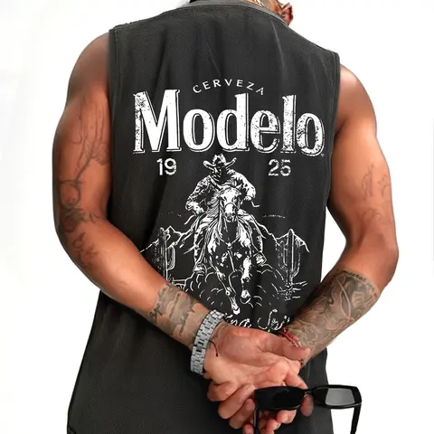 Men's Cotton Breathable Fitted Sleeveless Tops, Casual Menswear, Casual Streetwear Tops with Modelo Denim Print, Summer Essential Cool and Versatile Style, Quick Dry and Sweat Absorbent Fabric