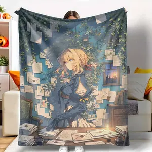 Anime Character Flannel Blanket Violet Evergarden Print Pattern Soft Warm Lightweight Cozy Blanket Perfect for Sofa Couch Bed Home Decor Ideal Gift for Fans and Friends Cozy Decor for Bedroom Living Room Study Room.