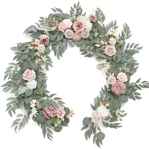 Artificial Eucalyptus Garland with Flowers 6FT, Wedding Table Garland with Flowers Handcrafted Wedding Centerpieces for Rehearsal Dinner Bridal Shower, Dusty Rose
