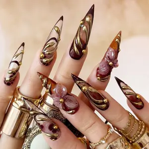 24 Pcs Long Pointed Vintage Lady Nail Set, Wine Caramel Gold Vine Flower Leopard Print, Removable Handmade Nails with Tools