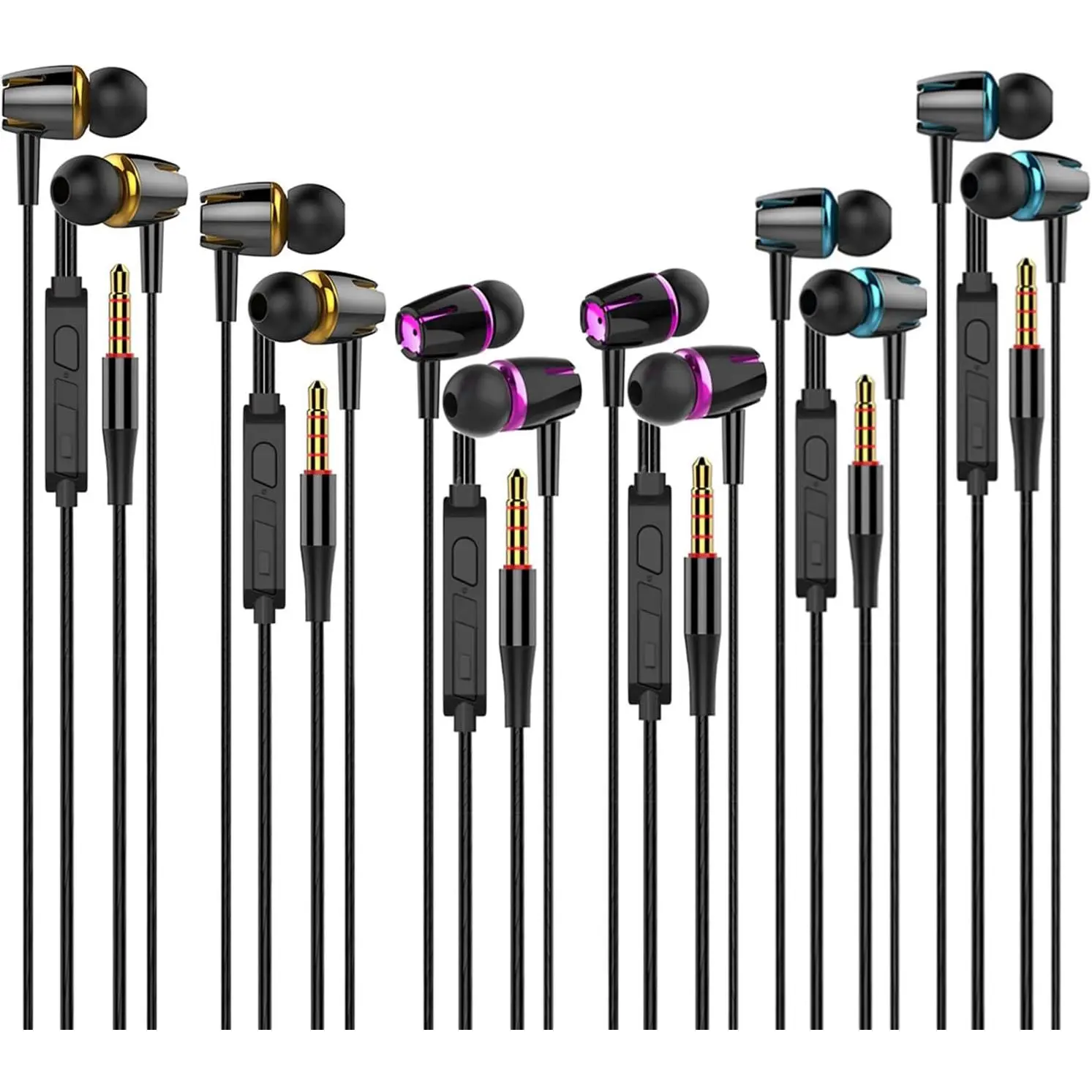 6-Pack Black In-Ear Wired Earbuds with Microphone, Noise Isolation, Powerful Bass, Retractable 120cm Cable, Call Control, Compatible with iPhone, iPod, iPad, MP3, Samsung & Most 3.5mm Jack Devices