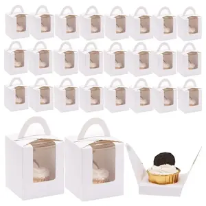 60Pcs White Single Cupcake Boxes with Clear Window & Handle, Food Safe Disposable Pastry Containers, Individual Muffin Cupcake Carriers Holder, Ideal for Wedding Birthday Graduation Holiday Party Bakery Home Dessert Packaging Supplies