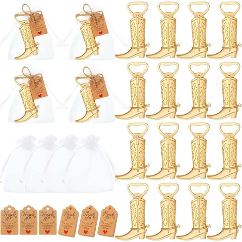 Metal Alloy Cowboy Boot Wine Bottle Opener Set - 50-Piece Compact Portable Kitchen Utensils Kit with White Organza Bags, Thank You Tags, 1 Roll of Jute Rope, Kraft Paper for Wedding, Engagement Party Favors