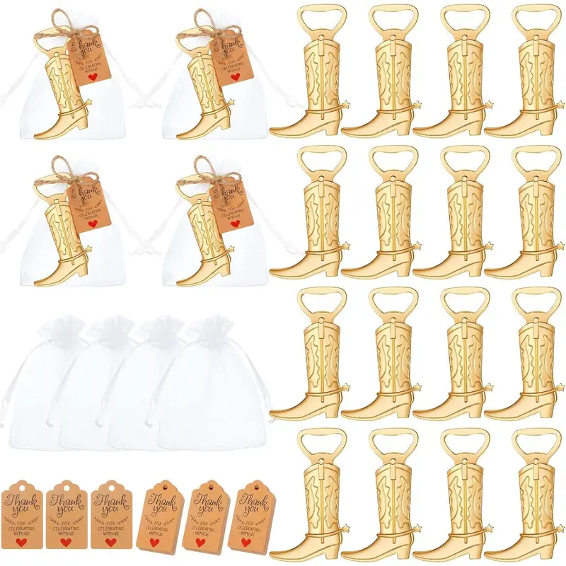 Metal Alloy Cowboy Boot Wine Bottle Opener Set - 50-Piece Compact Portable Kitchen Utensils Kit with White Organza Bags, Thank You Tags, 1 Roll of Jute Rope, Kraft Paper for Wedding, Engagement Party Favors