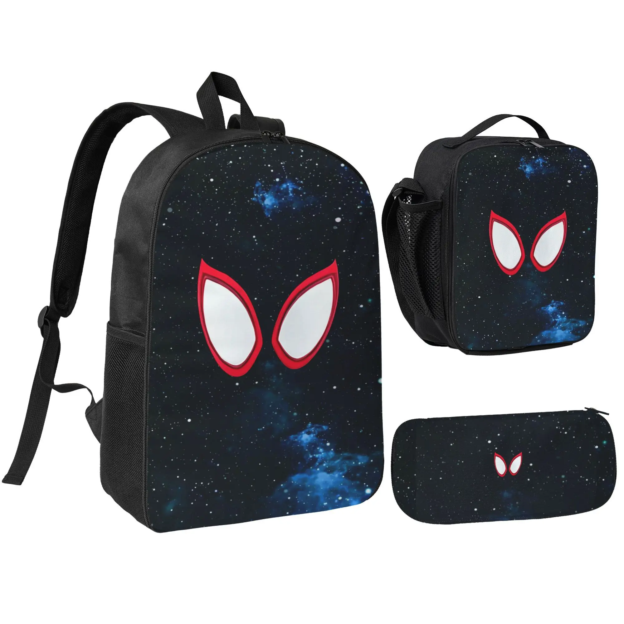 Spider Inspired 3PCS Backpack Set with Red White Eyes, Galaxy Space Graphic High School Bag with Lunch Bag & Pencil Case, Cosmic Hero Style Backpack for moives fans