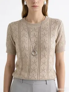 French Style Solid Hollow Out Knit Top, Casual Office Short Sleeve Sweater