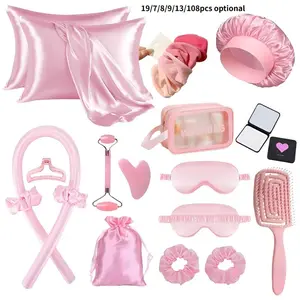 Series Satin Hair Care Tool Set, No Heat Curling Iron, Heatless Curling Rod, Smooth Anti-Frizz, Sleep Cap Eye Mask, Silk Pillowcase, Home & Travel Beauty Kit