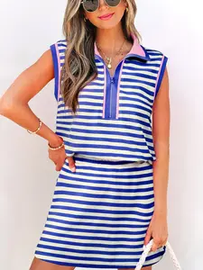 Women's 2-Piece Preppy Tennis Core Workout Matching Set - Textured Stripe, Contrast Trim, Quarter-Zip Sleeveless Gym Outfit with Athletic Skort, Women's Matching Sets