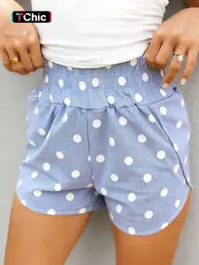 Summer Casual Striped Polka Dot Print Loose Fit Mid-Waist Shorts, Elastic Waist, Above the Knee, Natural Waist, Pockets, China Made