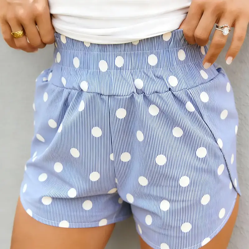 Women's Casual Loose-Fit Mid-Waist Shorts, Striped & Polka Dot Print, Elastic Waist, Above-Knee Length, Everyday Wear, Summer Bottoms, Full Print Shorts