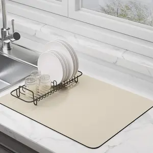 Dish Drying Mat For Kitchen Counter, Super Absorbent Drainer Mats With Non-slip Rubber Backed, Hide Stain, Heat Resistant, Easy to Clean, Dish Rack Mat (Beige, M-16"x18")